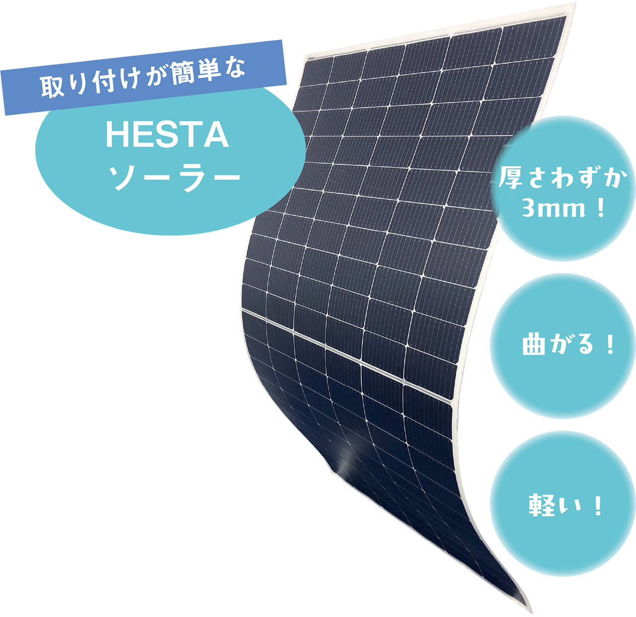 取り付けが簡単なHESTAソーラー 厚さわずか3mm! 曲がる!軽い!