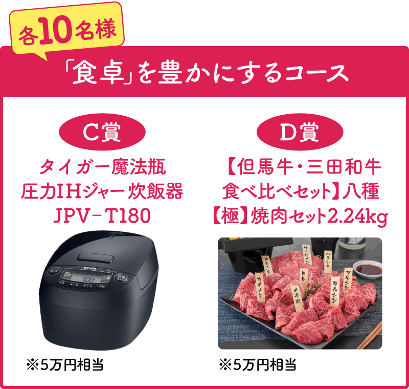 「「食卓」を豊かにするコース」C賞：タイガー魔法瓶 圧力IHジャー炊飯器 JPV‐T180、D賞：【但馬牛・三田和牛食べ比べセット】八種【極】焼肉セット 2.24kg、各10名様にプレゼント