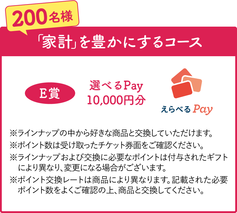 「「家計」を豊かにするコース」E賞：選べるPay10,000円分、200名様にプレゼント